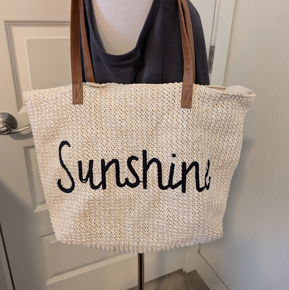 None Handbags - Cream and Brown Woven Tote Bag with Faux Leather Straps 'Sunshine' Zip Closure